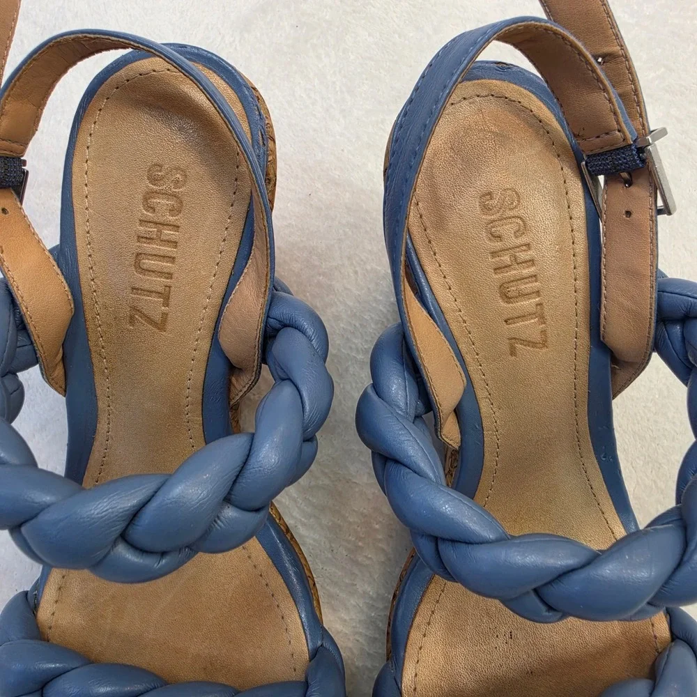 Schutz Blue Braided Leather Cork Wedge Platform Sandals Womens 6B Made in Brazil